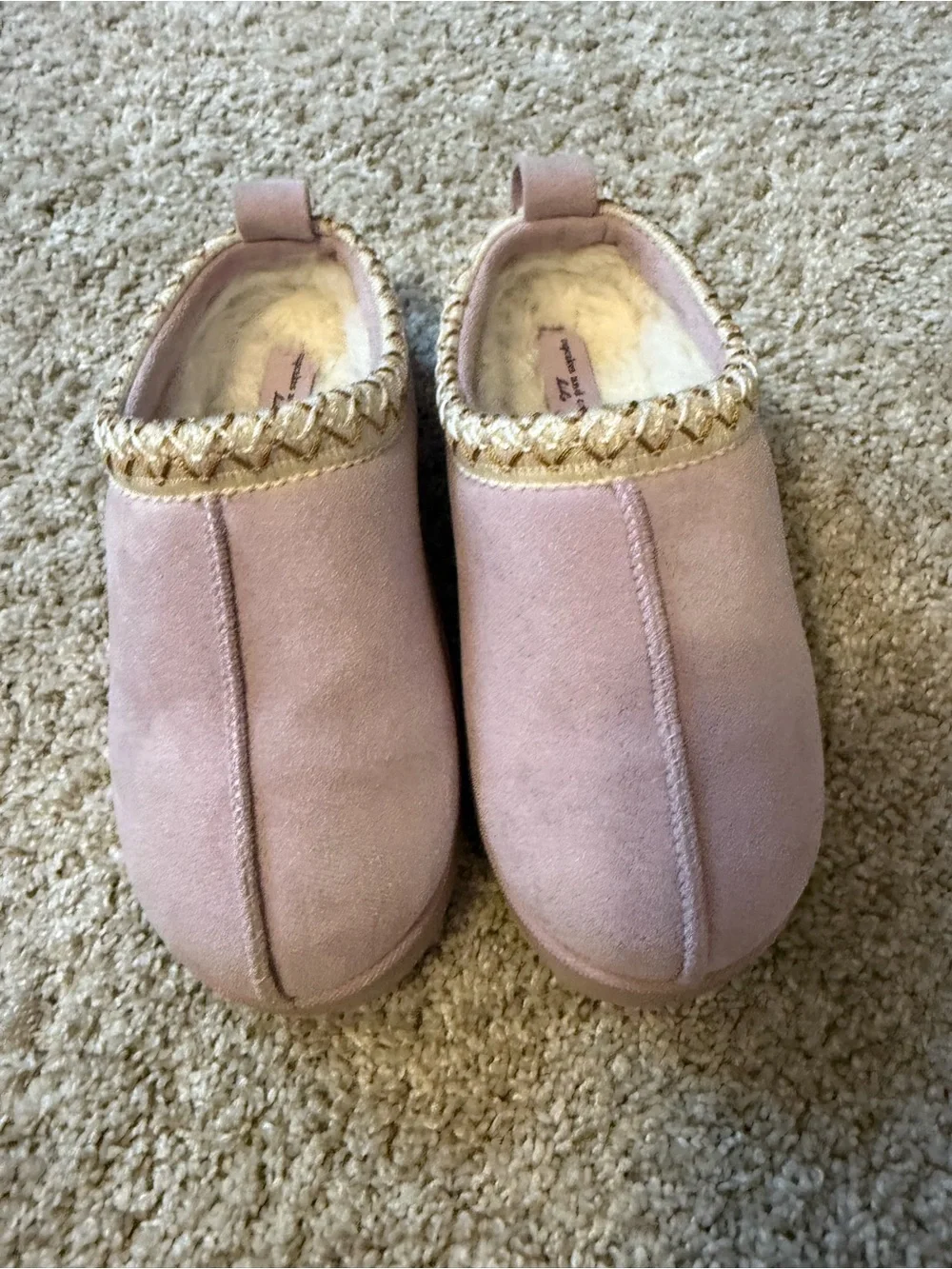 Kids Cozy Slip-On Slippers in Light Pink with Gold Trim